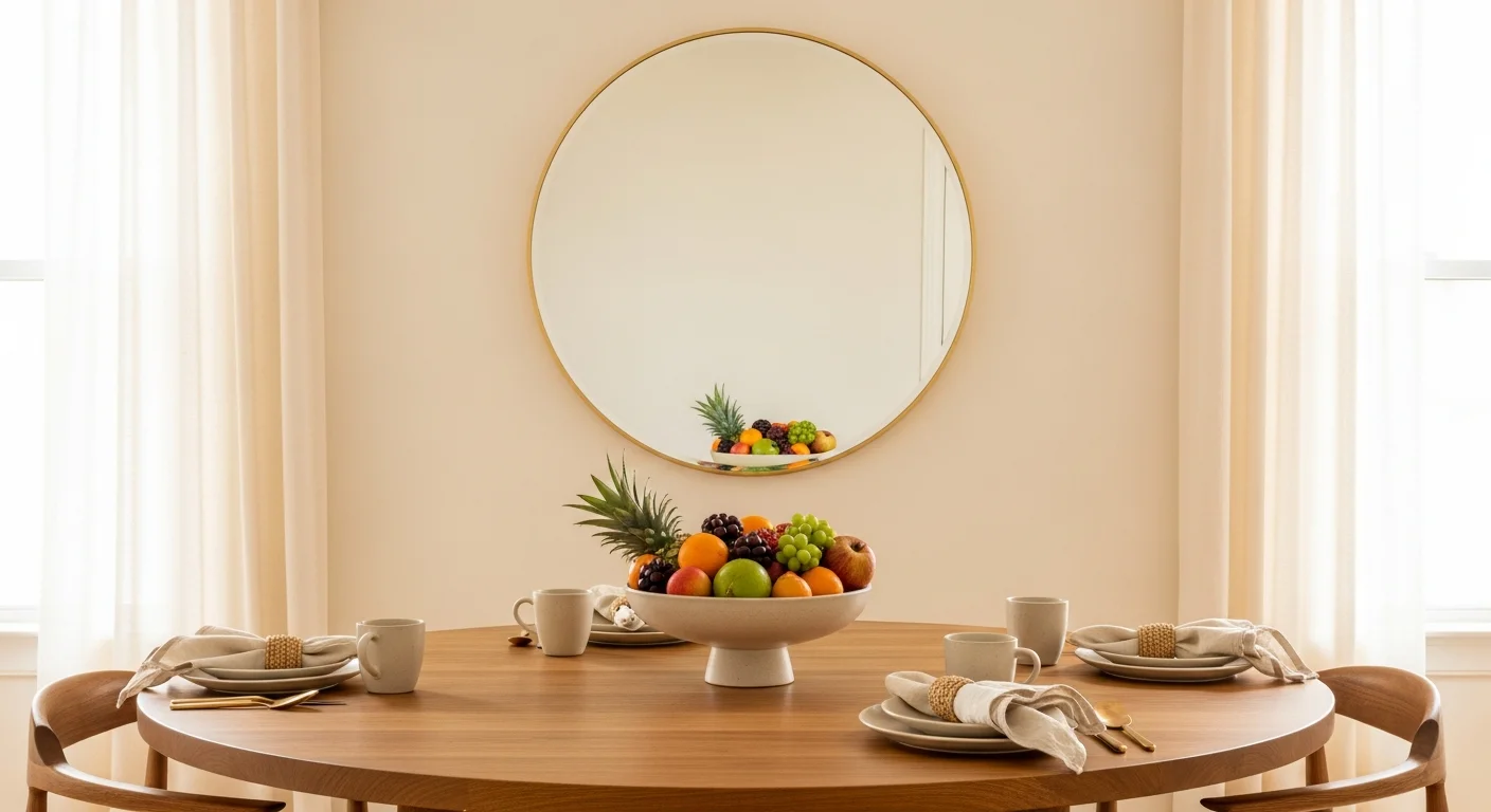 Serene dining room with elegant round Feng Shui mirror.