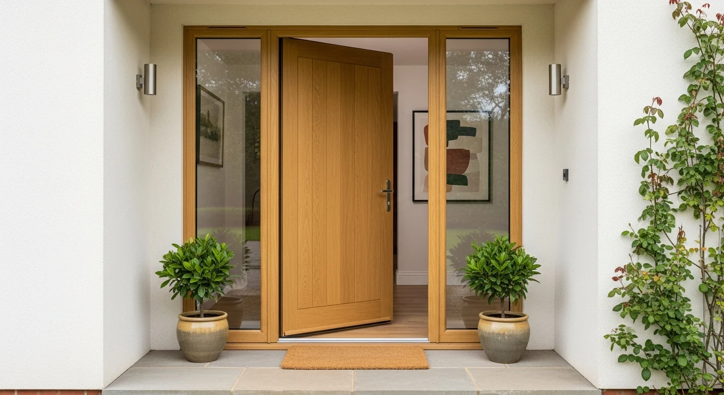 Modern oak front door, clear, inviting entranceway.