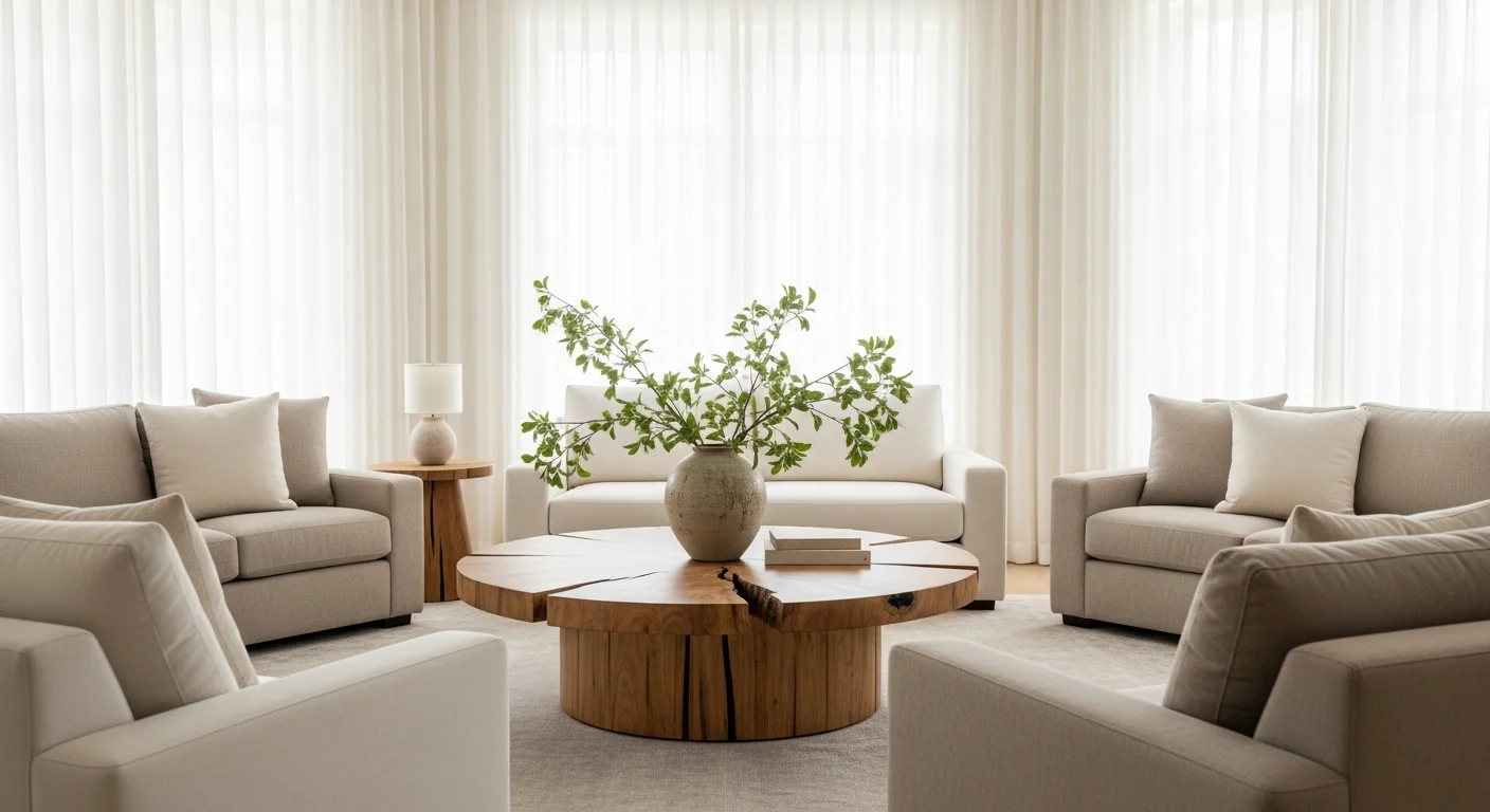 Serene living room, round wood coffee table, Feng Shui.
