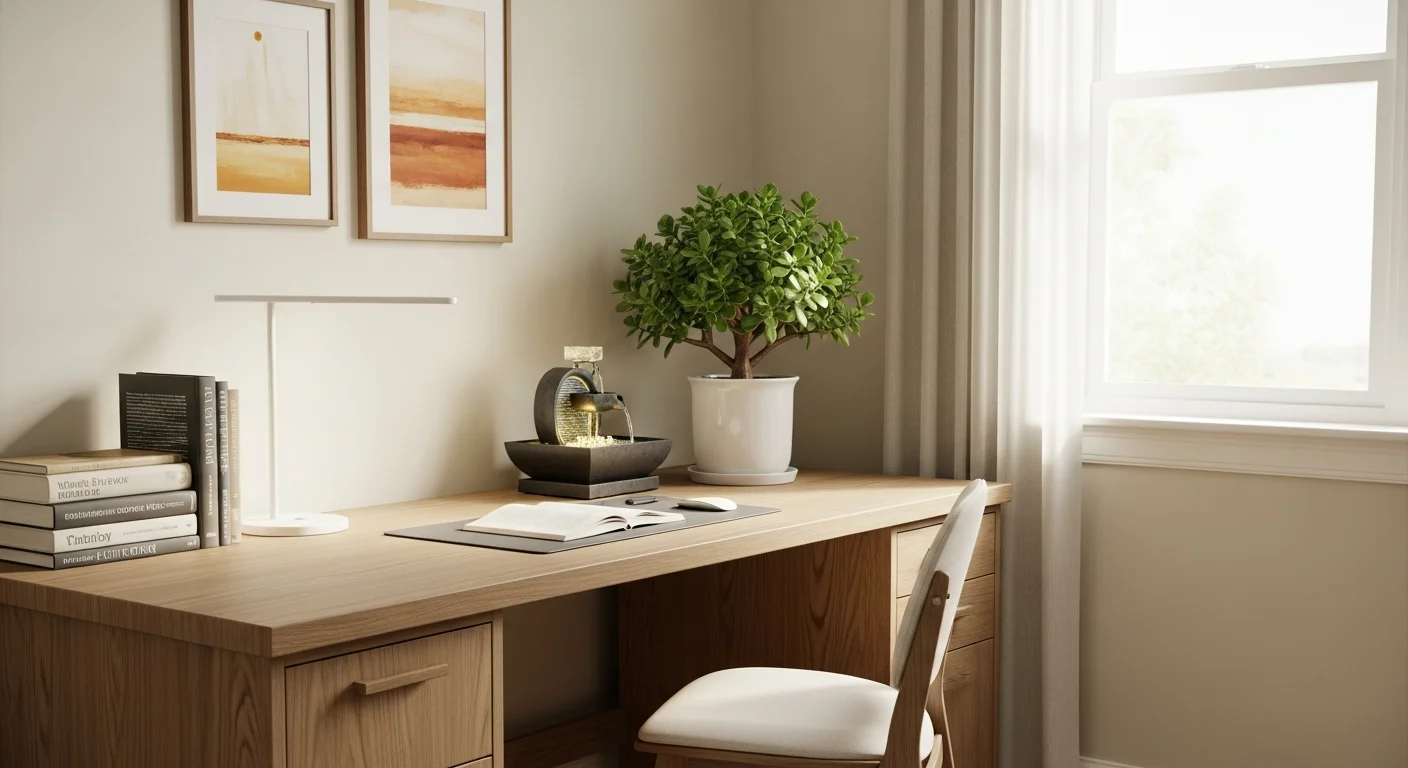 Wooden desk, supportive wall, jade plant: home office Feng Shui.
