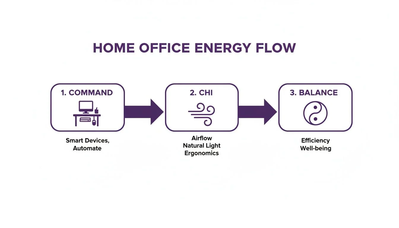 Diagram showing Home Office Energy Flow: Command, Chi, and Balance for well-being and efficiency.