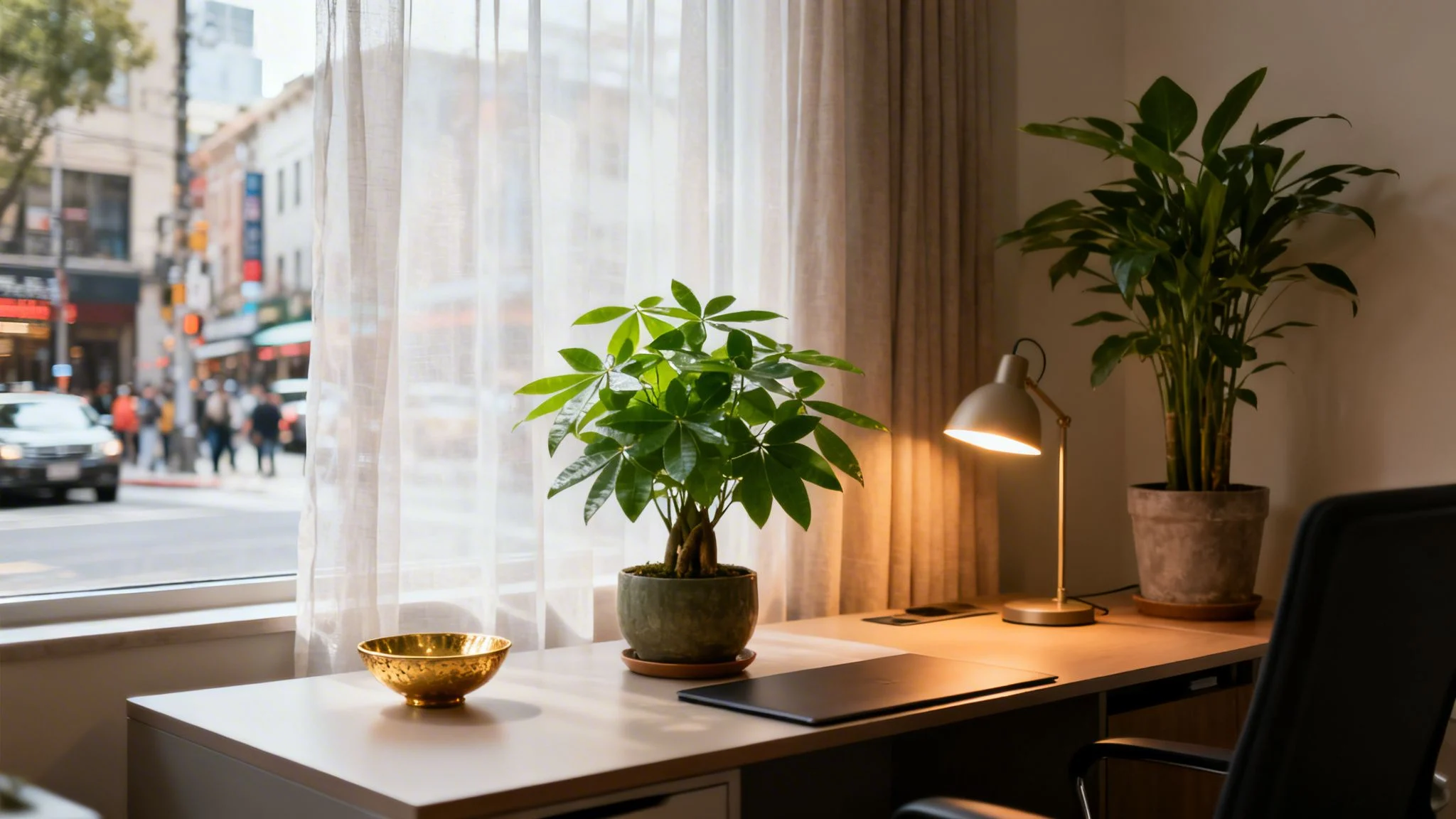 A bright, calm home office desk with green plants, a lamp, and a window overlooking a city street.