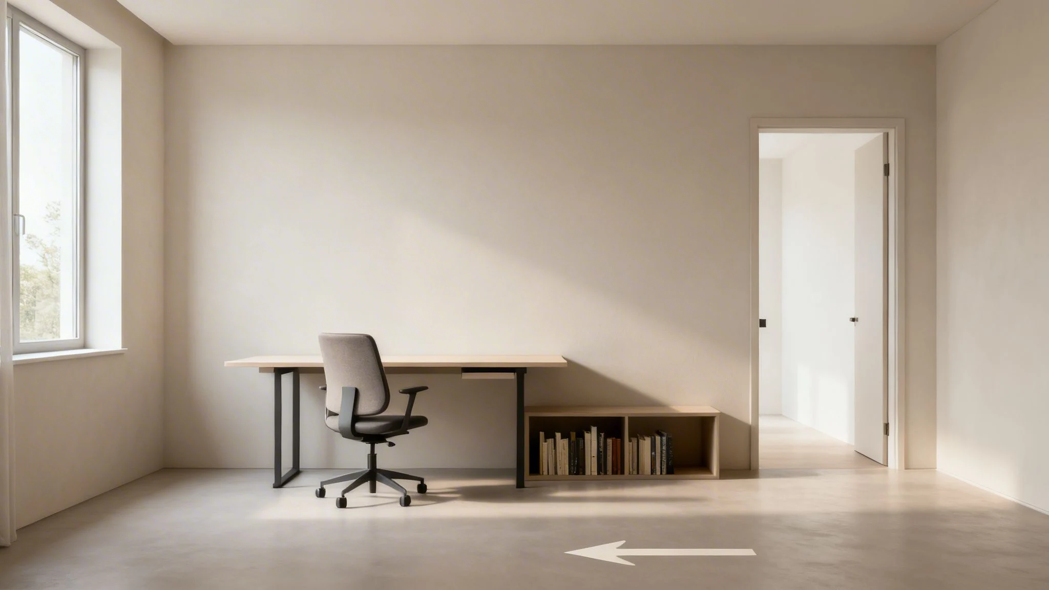 A modern home office with a minimalist desk, ergonomic chair, and bookshelf by a sunlit window.