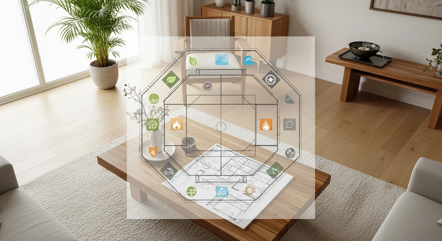 Balanced feng shui home interior with oak floors.