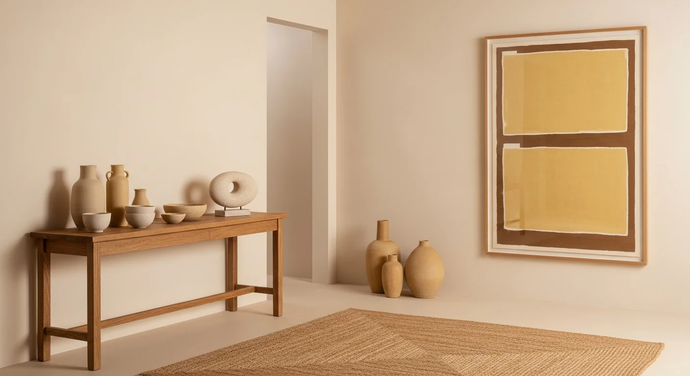 Calm interior, natural light, grounding Earth Feng Shui.
