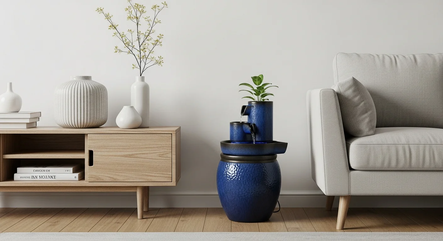 Serene minimalist living room, Water Element Feng Shui.