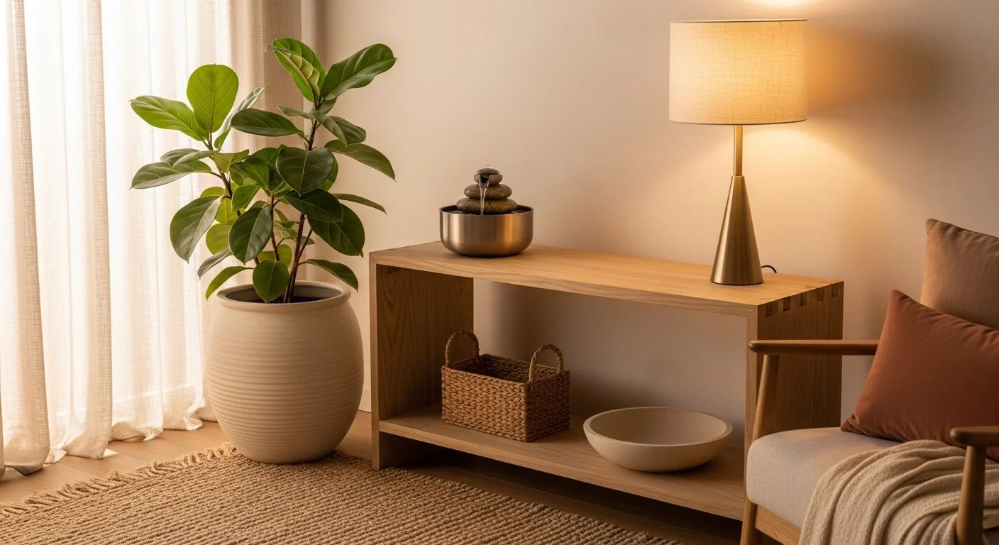 Serene balanced living room corner, soft light, feng shui harmony.