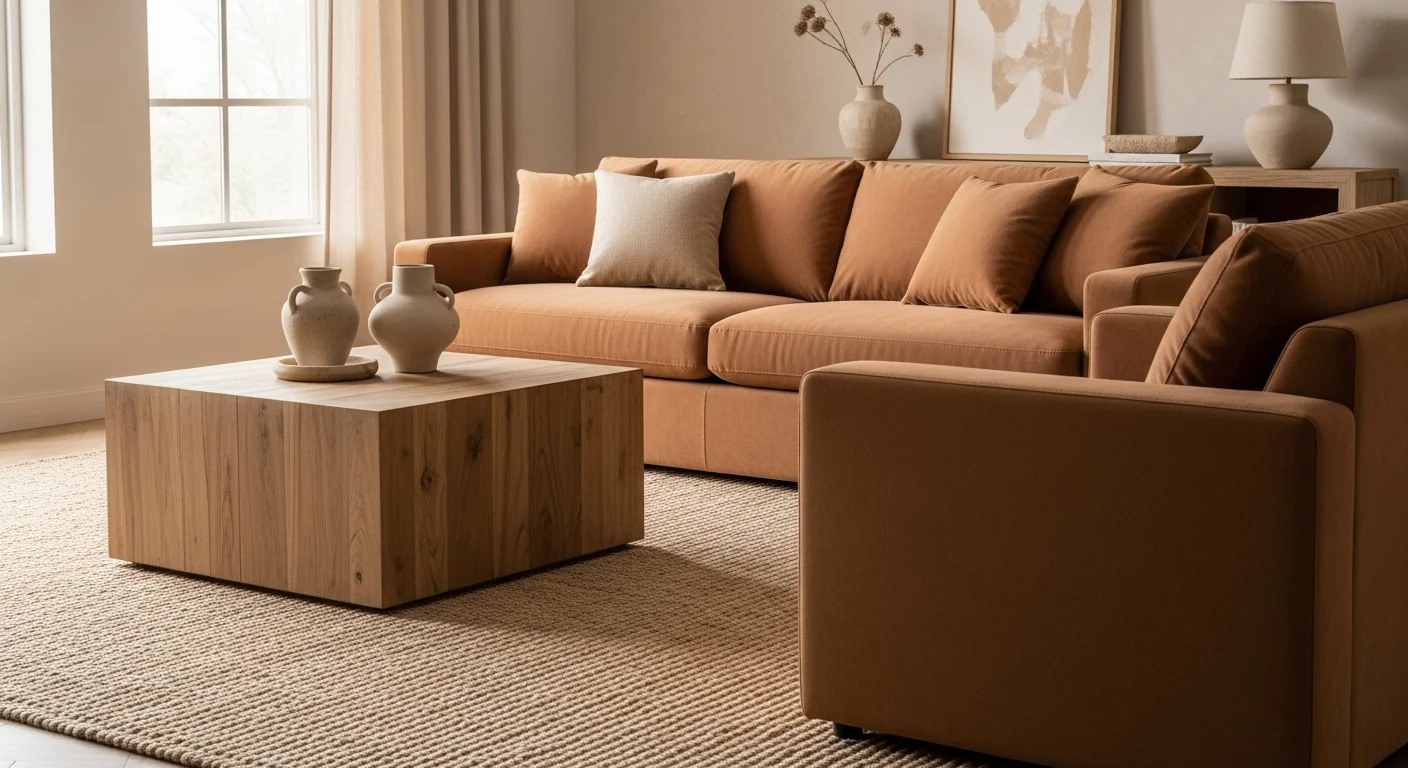 Serene living room, Earth Feng Shui, plush brown sofa.