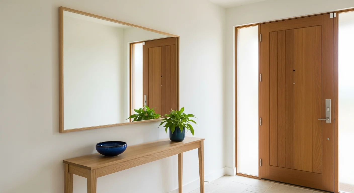 Serene home foyer with elegant mirror. Feng Shui.