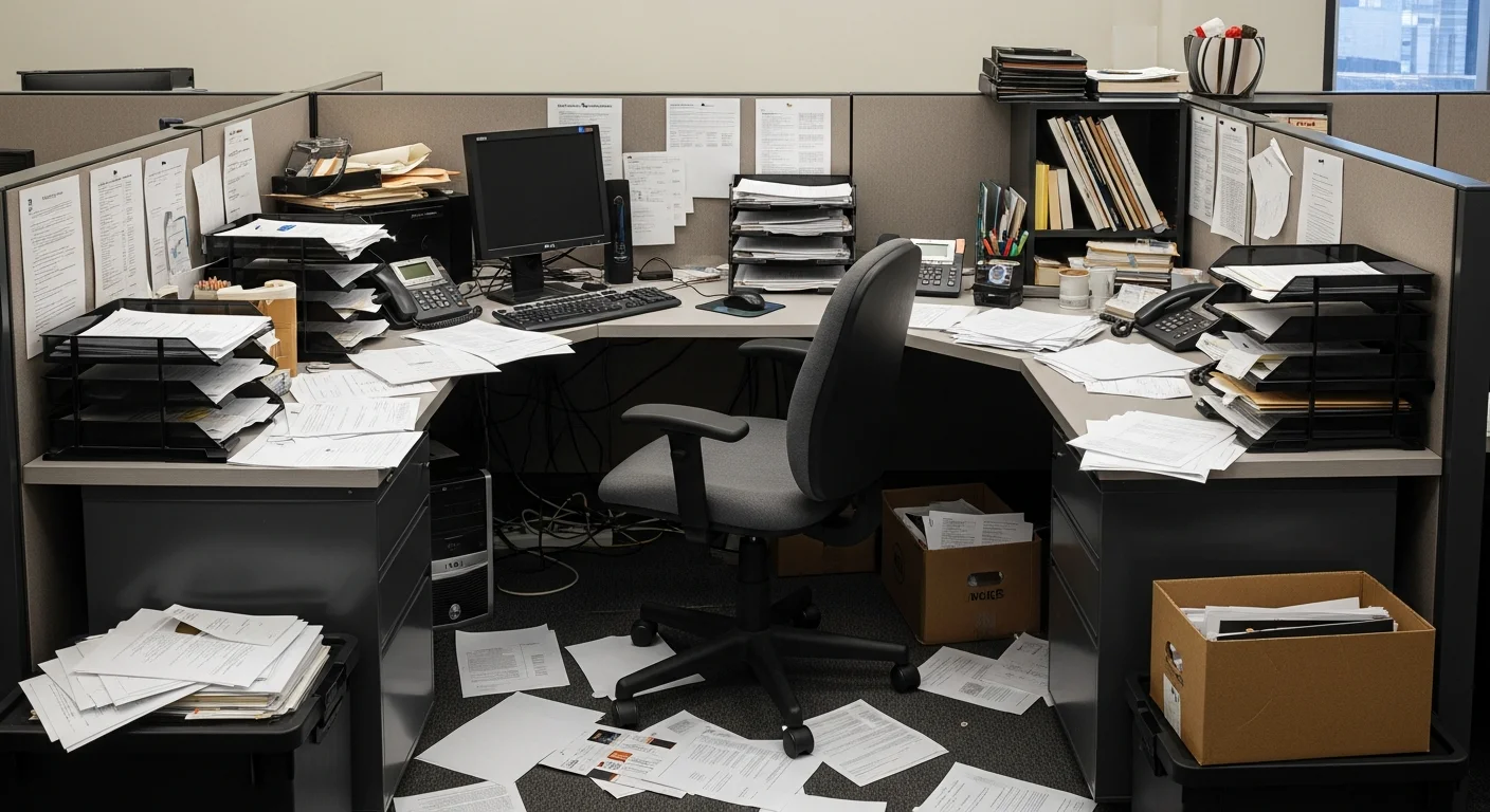 Severely cluttered office desk with unprocessed documents in cubicle.