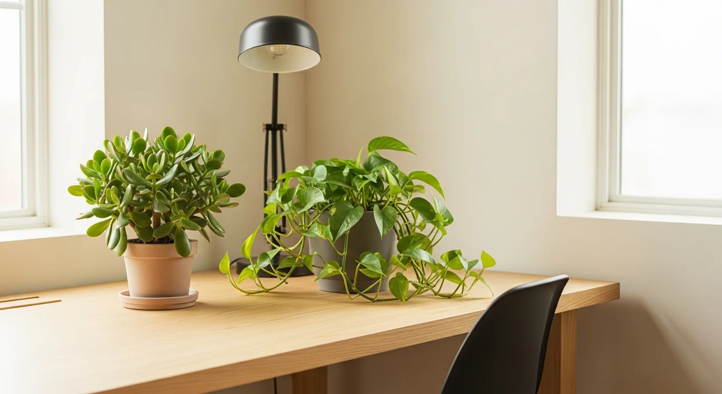 Feng Shui office: jade, pothos plants, modern desk