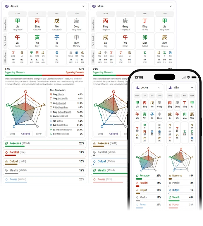 BaZi calculator showing two charts with Heaven Stems, Earth Branches, and Five Element radar graphs in green, red, brown, grey, blue.