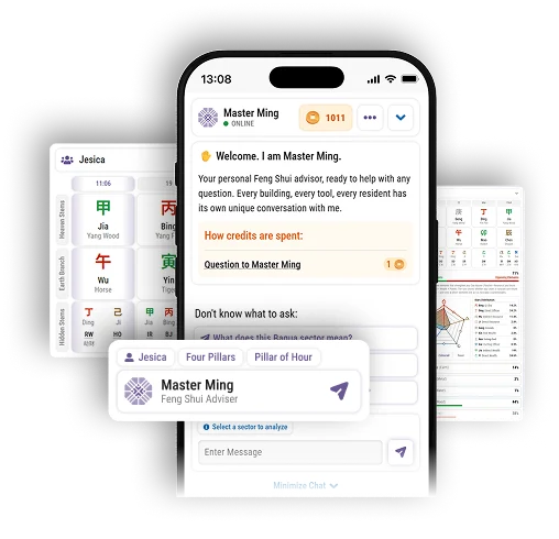 Digital BaZi calculator on a smartphone with a Feng Shui advisor chat, showing Heaven Stems, Earth Branches, and five elements for personal energy analysis.