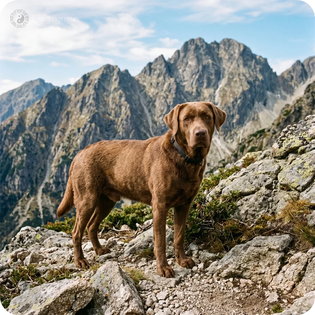 Brown dog on rocky mountain path, grey peaks, blue sky. Earth element energy for stability and support.