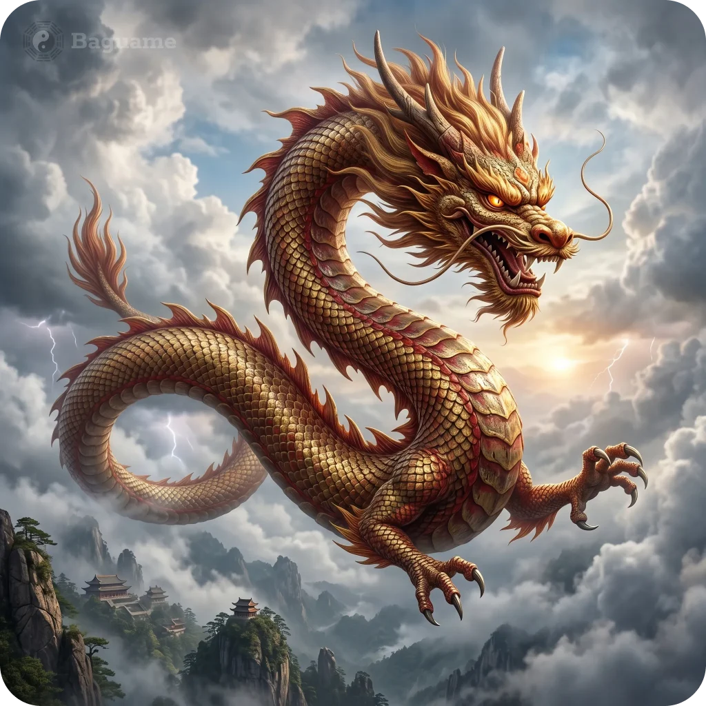 Golden Chinese dragon with red scales flying through stormy clouds, lightning, sun, mountains, temples. Power, prosperity.