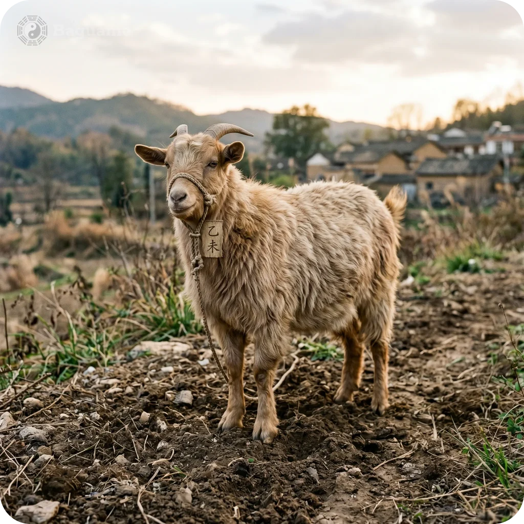 Light brown fluffy Wood Goat with horns and a Yǐ Wèi tag in a peaceful Chinese village, symbolizing harmony and earth energy.