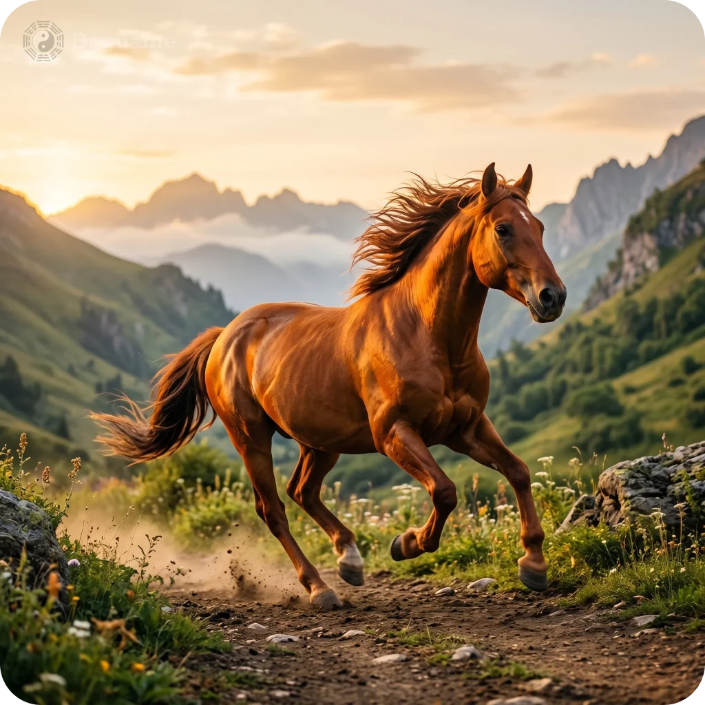 Brown horse galloping through a green mountain valley at sunset, kicking up dust, symbolizing dynamic chi and success.