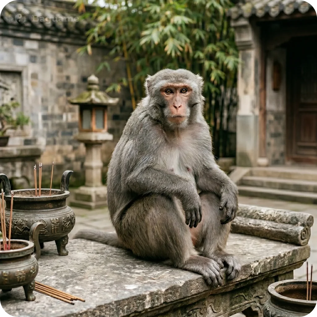 Grey monkey on a stone bench with bronze incense burners, bamboo, and traditional Chinese architecture, symbolizing peace and positive chi flow.