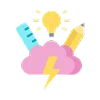 Pink cloud with yellow lightning, lightbulb, blue ruler, and yellow pencil symbolizing BaZi calculation and design insight.