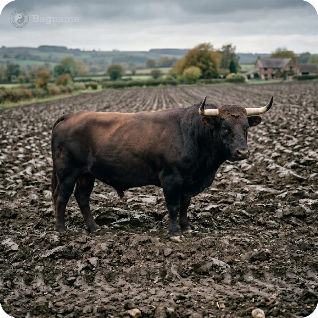 Powerful brown and black bull stands in a muddy field under a cloudy sky, symbolizing Earth element stability and prosperity.