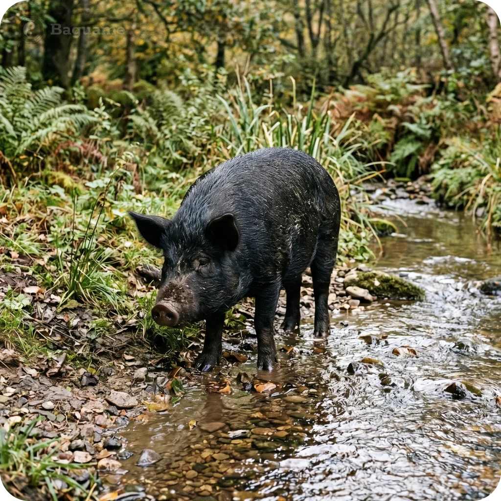 Black pig with muddy snout in a clear stream, surrounded by green ferns and autumn trees. Symbolizes wealth.