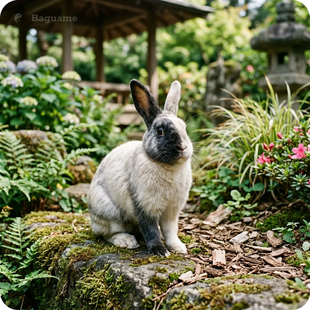 Black and white rabbit on mossy rocks in a serene Japanese garden with a wooden gazebo and stone lantern, embodying natural harmony and the wood element.