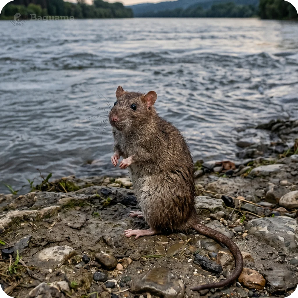 Brown rat standing by a flowing river, symbolizing resourcefulness and the Water element in Feng Shui.