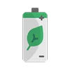 White battery icon with a green leaf, symbolizing natural energy and life force. Positive and negative terminals.