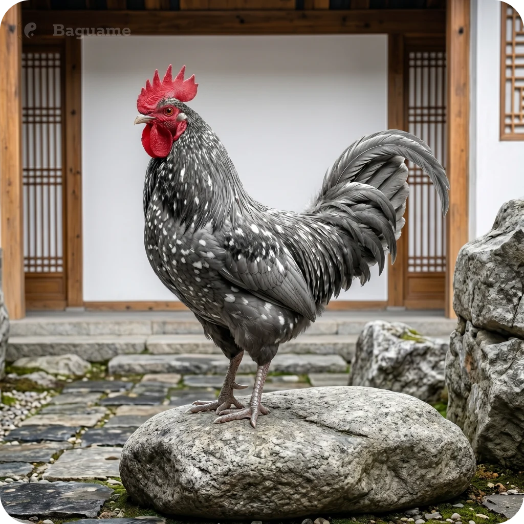 Grey and white speckled rooster with red comb on a rock in a traditional Chinese garden, symbolizing protection and good fortune.