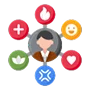 A central person icon surrounded by colorful circles representing BaZi elements and life aspects like fire, joy, love, growth, and health.