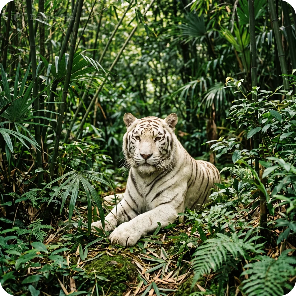 White tiger resting peacefully in lush green bamboo forest, embodying strength and the Wood and Metal Feng Shui elements