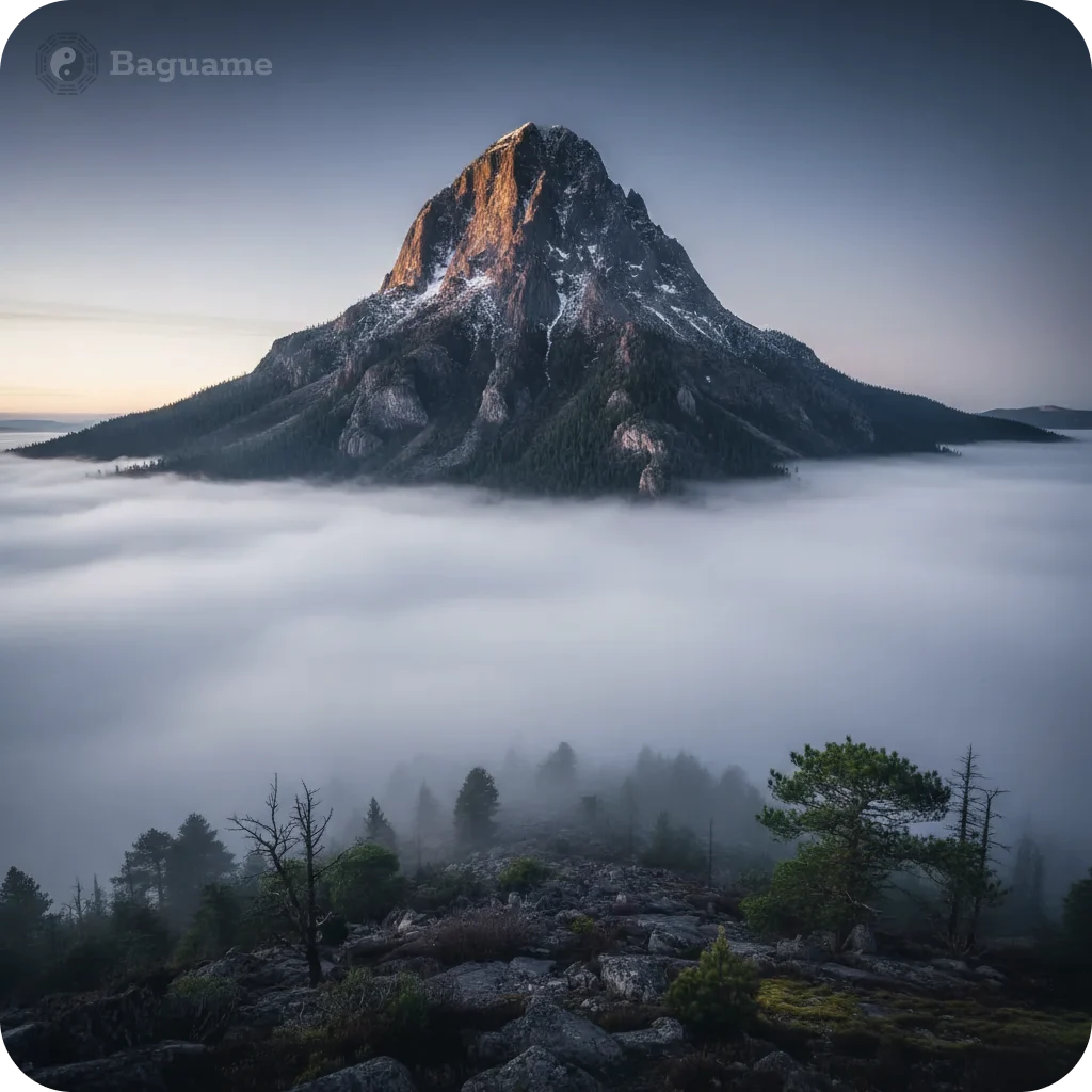 Majestic mountain peak, snow-dusted, bathed in golden light above a misty valley, symbolizing stability and Earth element.