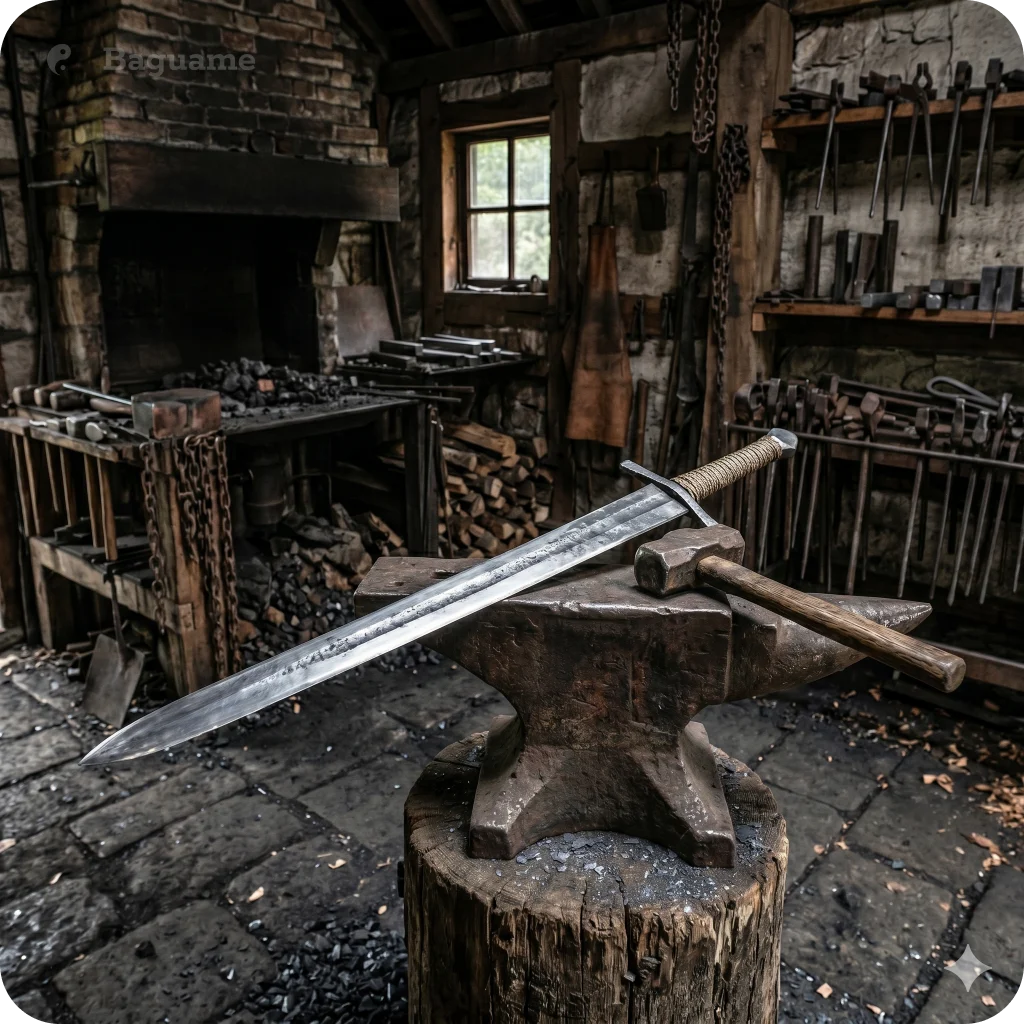 Dark rustic forge with a gleaming metal sword and hammer on an anvil, representing the Metal element and shaping destiny.