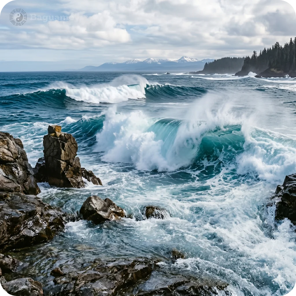 Crashing blue ocean waves and dark rocks, symbolizing the dynamic Water and stable Earth elements.