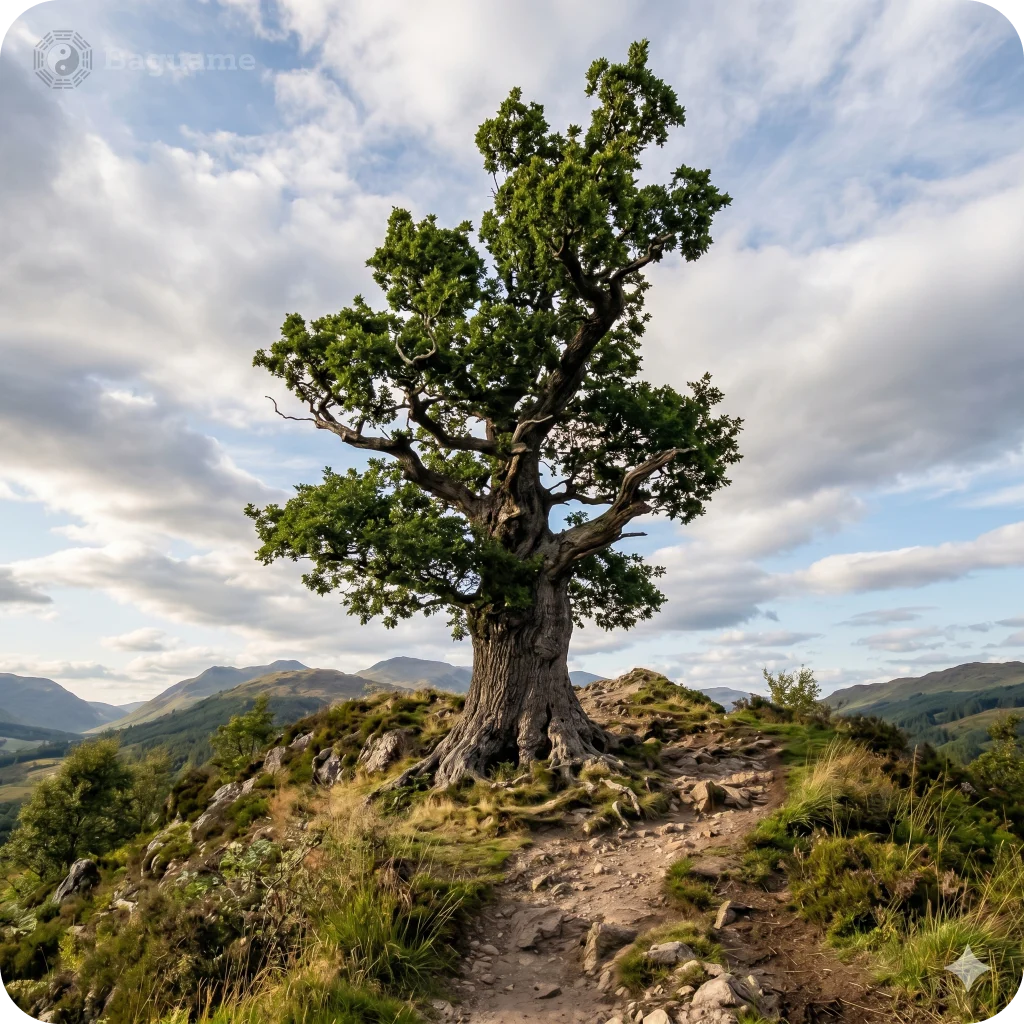 A strong, ancient green tree with exposed roots on a rocky hill, symbolizing the Wood element and stability in a BaZi chart.