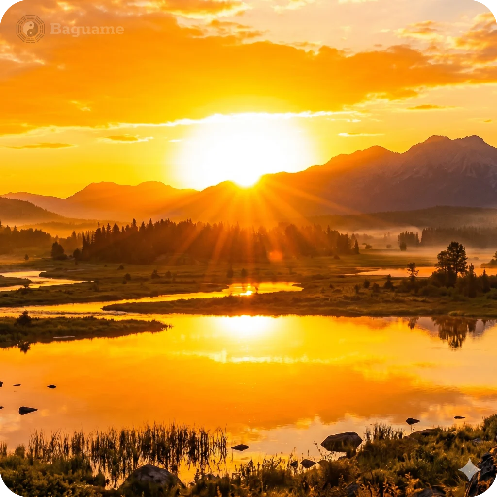 Golden sunrise over mountains and a winding river, reflecting vibrant orange light, symbolizing Fire and Water elements crucial for BaZi analysis