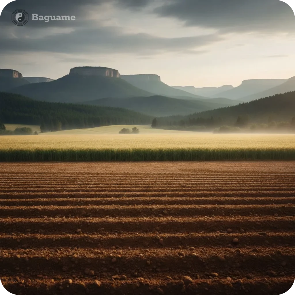 Vast landscape with brown tilled earth, golden wheat, green forests, and misty mountains under a dramatic sky.