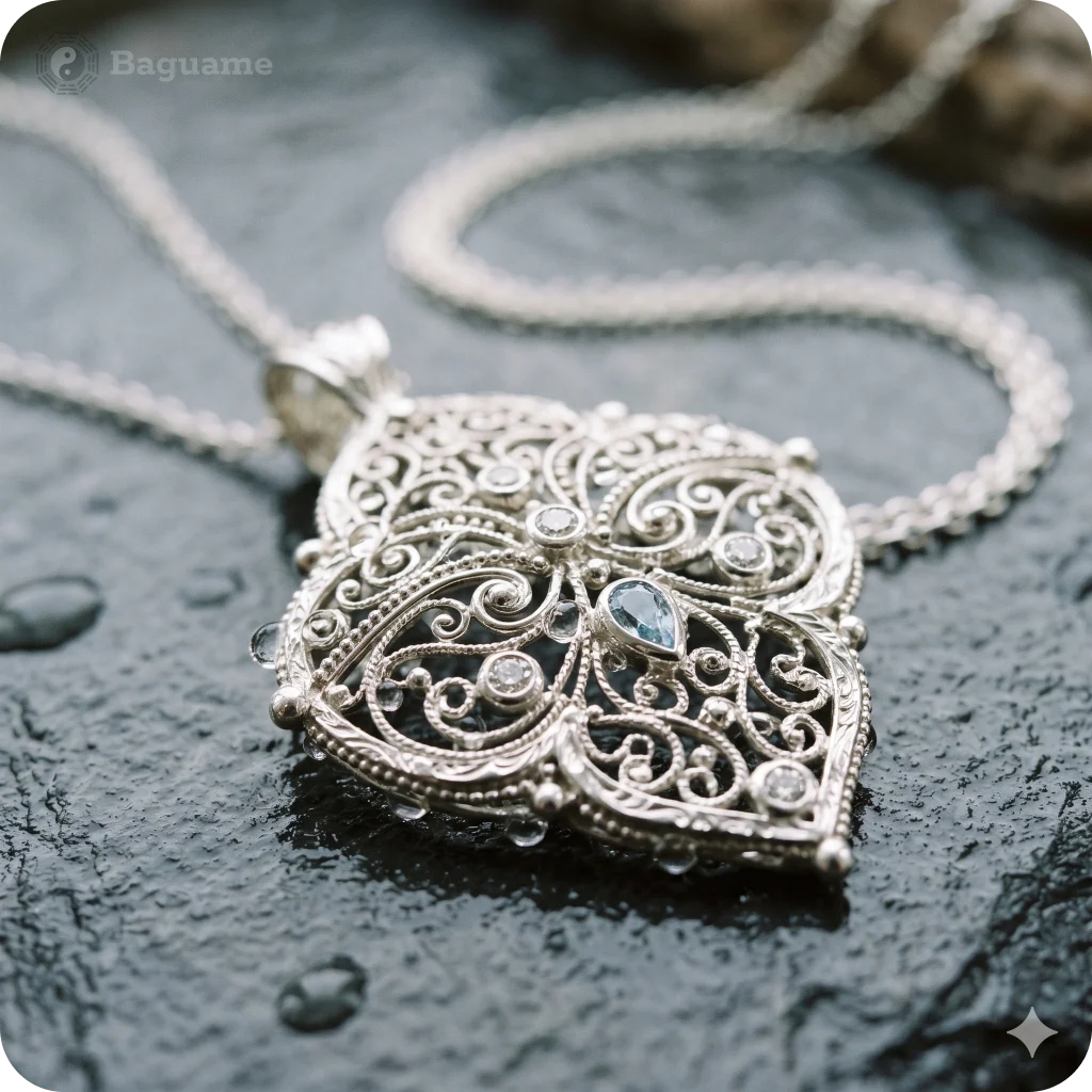 Intricate silver filigree pendant featuring a blue gemstone, reflecting Metal and Water elements for BaZi harmony.