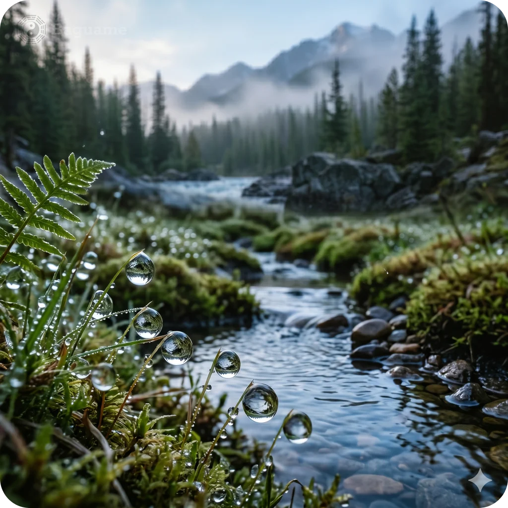 Lush green grass and moss with sparkling dewdrops by a clear mountain stream, surrounded by pine trees and misty peaks, representing harmonious Water, Wood, and Earth elements.