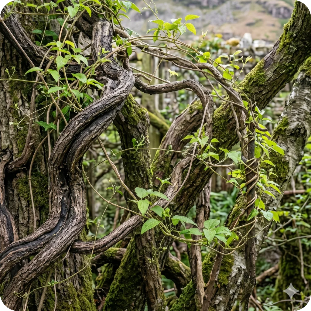 Intertwined tree trunks and vibrant green vines with moss, reflecting the dynamic Wood element in BaZi.