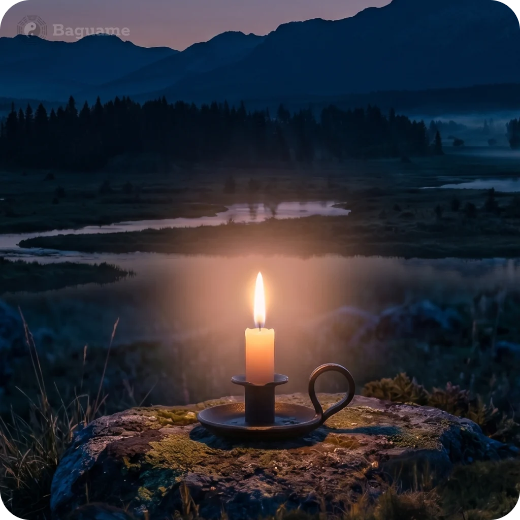 A warm yellow candle in a dark holder on a mossy rock, overlooking a misty lake and dark mountains at dusk. Represents clarity and elemental balance.
