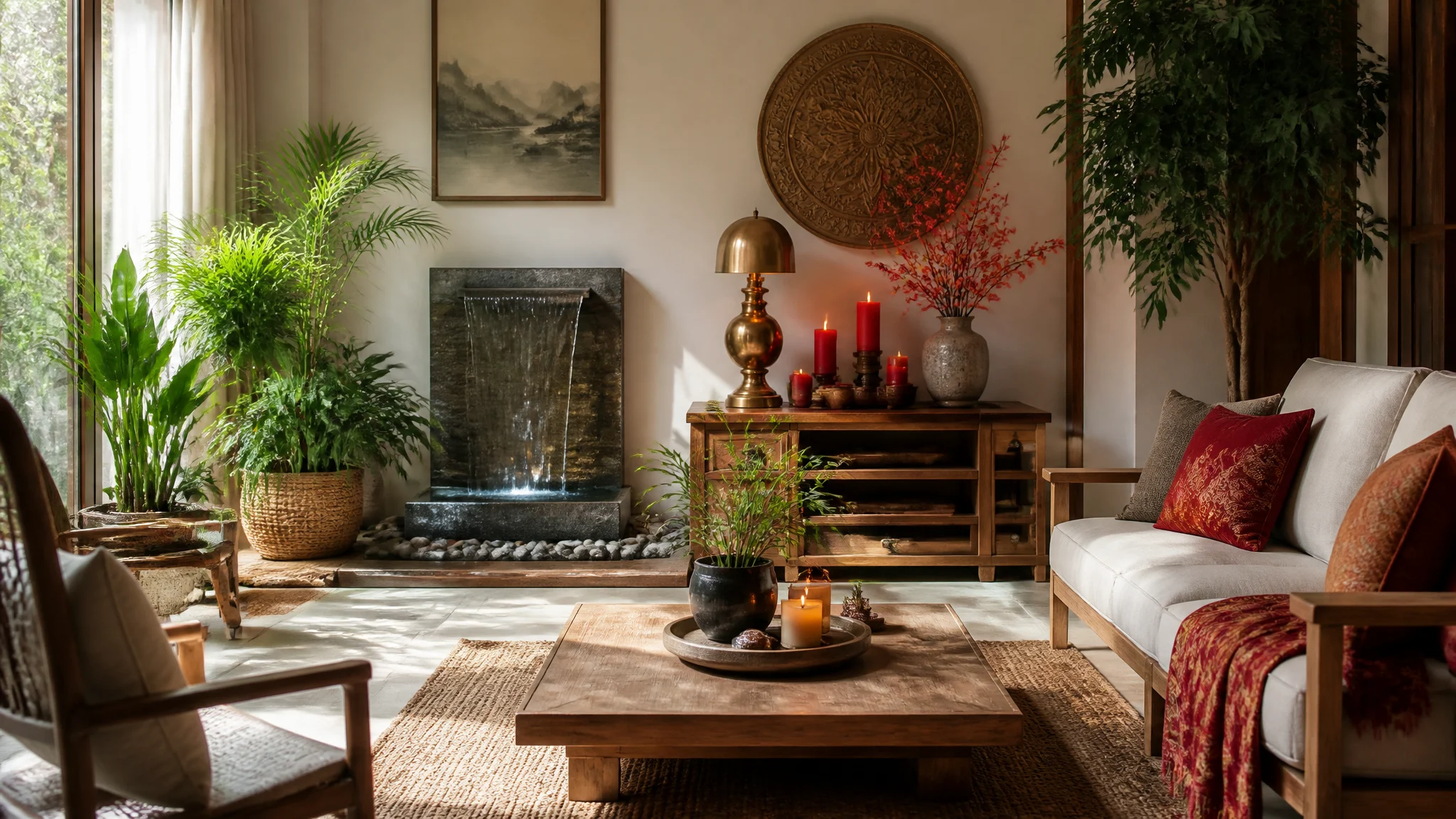 Feng Shui Bagua-inspired living room with water feature, plants, warm candles and wooden furniture balancing the five elements