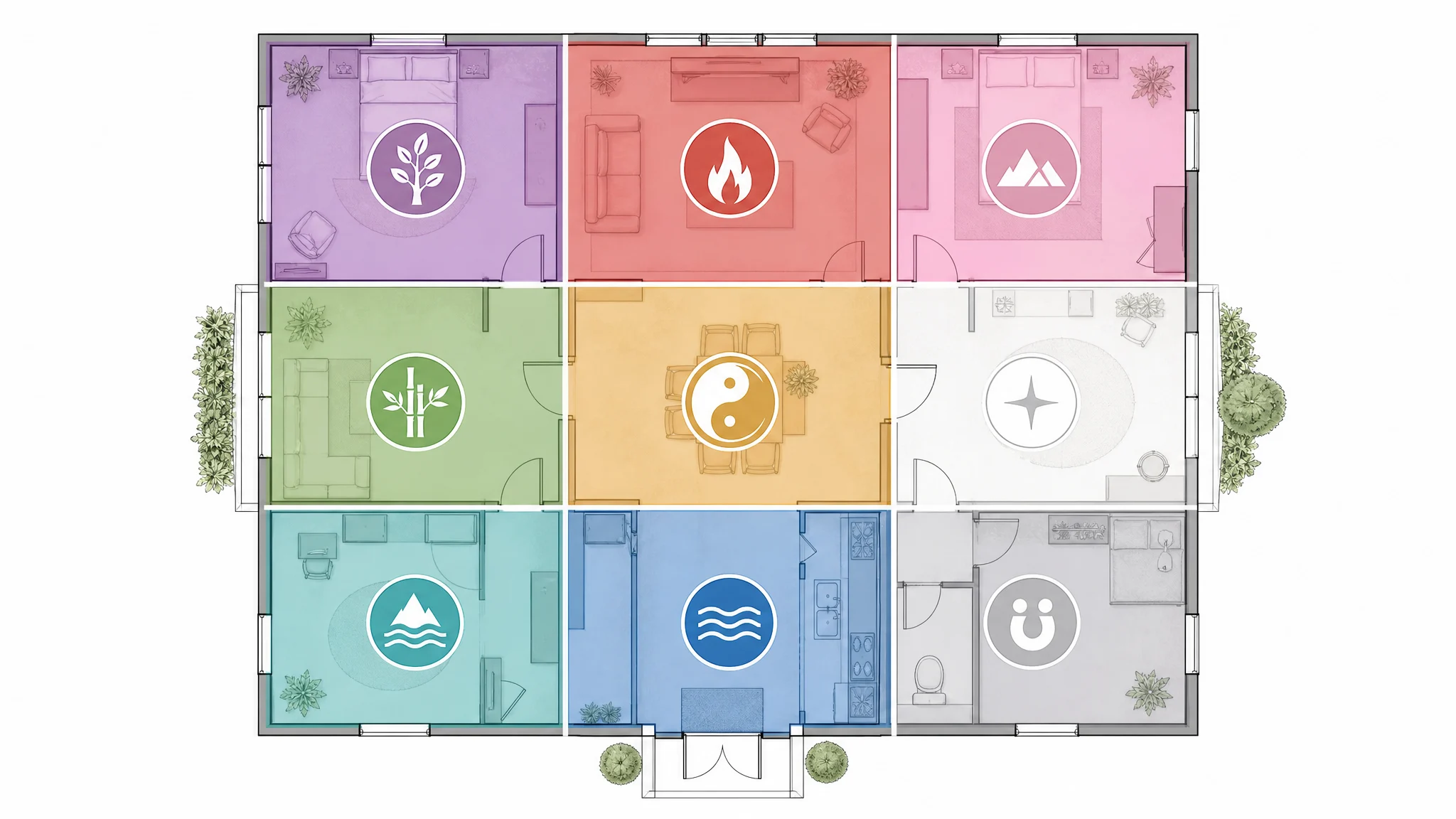 Bagua Map overlaid on a house floor plan, with the nine zones color-coded by element