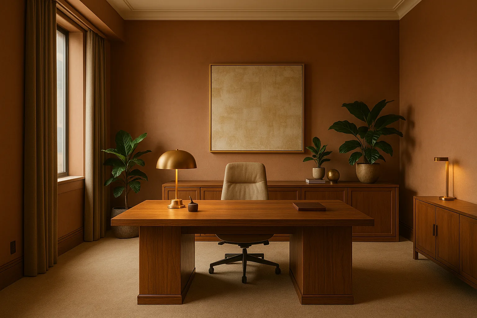 Interior de oficina para Maestro del Día Tierra: espacio de trabajo cálido y estable con tonos terracota y muebles sólidos