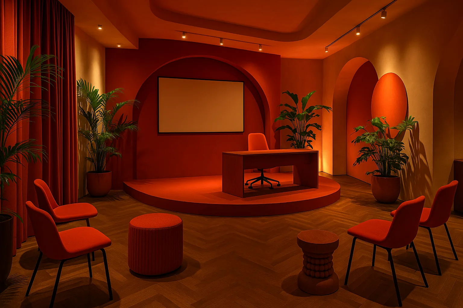 Interior de oficina para Maestro del Día Fuego: espacio de trabajo enérgico con rojos y naranjas cálidos y un área de presentación