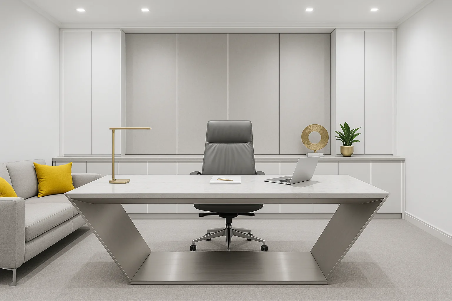 Interior de oficina para Maestro del Día Metal: espacio de trabajo ejecutivo minimalista en blanco, gris, plateado y dorado