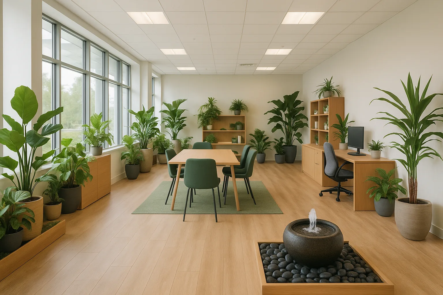 Interior de oficina para Maestro del Día Madera: espacio de trabajo luminoso y aireado con plantas, acentos verdes y una fuente de agua