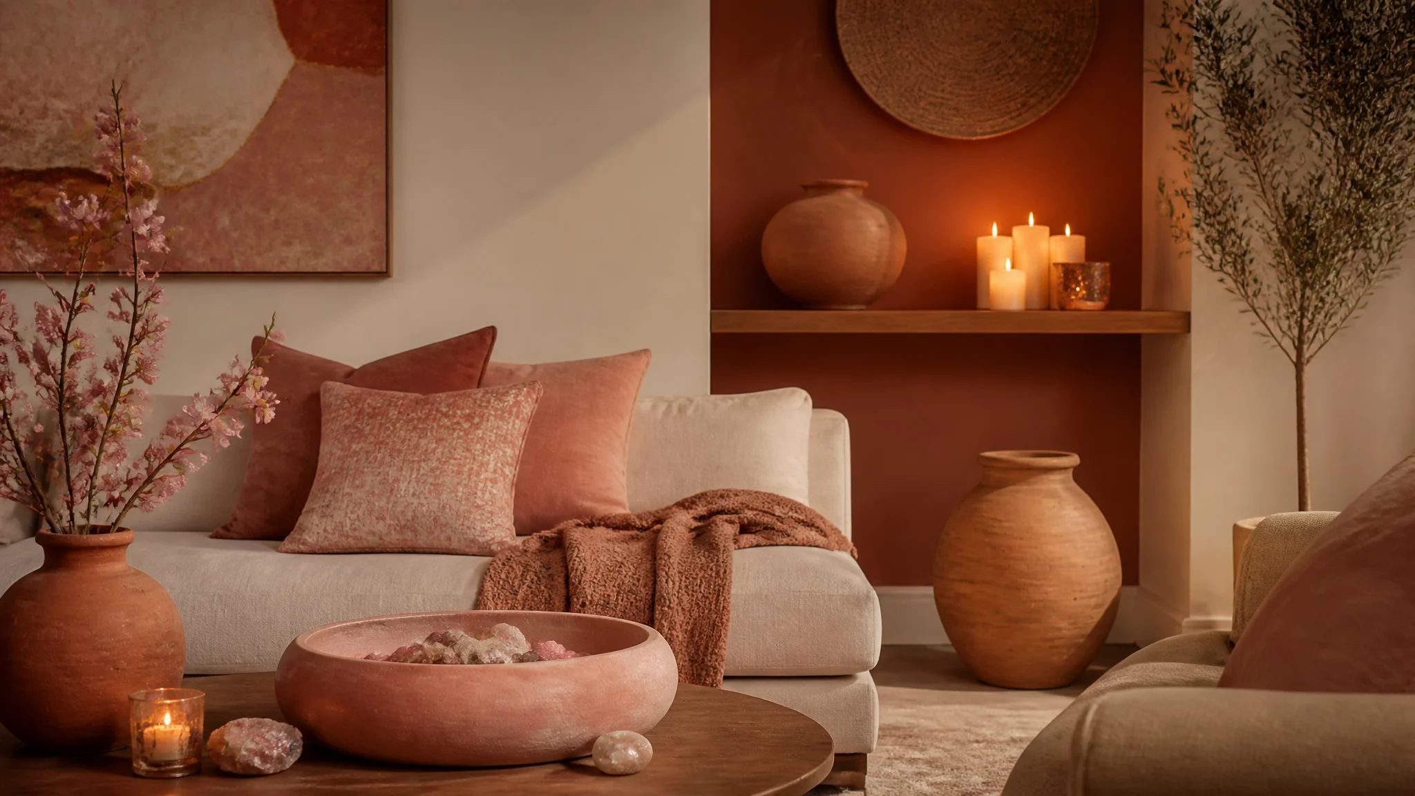 Earth-element palette for the love sector: terracotta, blush and warm neutrals with ceramics