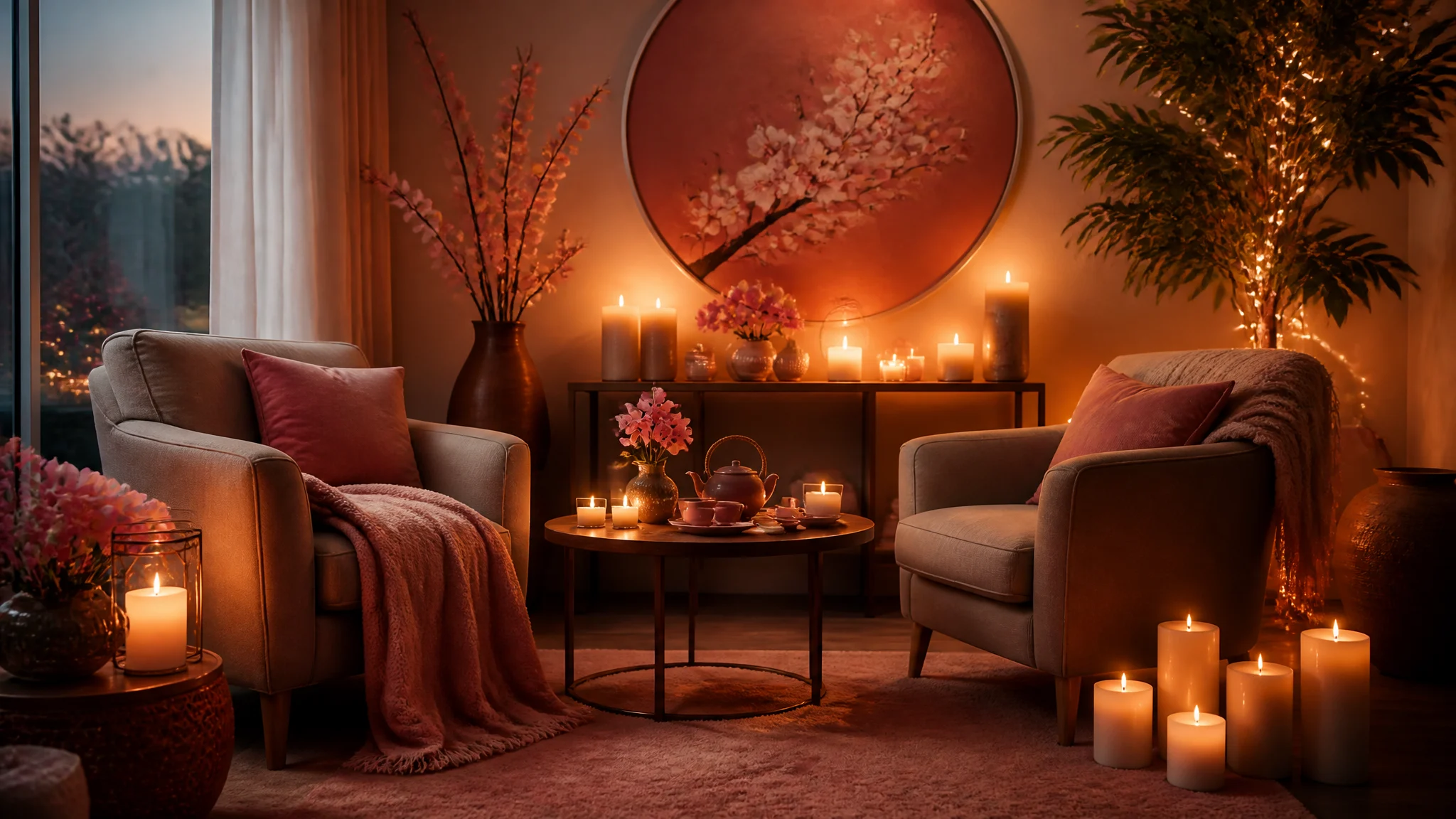 Two armchairs facing each other around a round table with tea set, styled as an intimate conversation corner