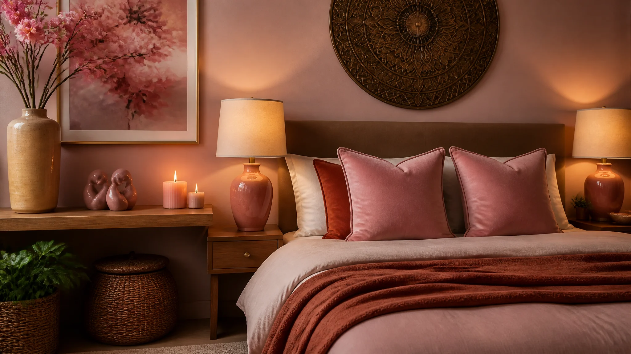 Feng Shui love corner styled with the power of pairs: two matching lamps, cushions and candles